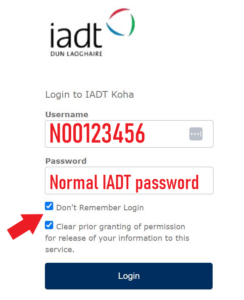 screenshot of login screen, emphasising your student number as the username, and your normal iadt password.